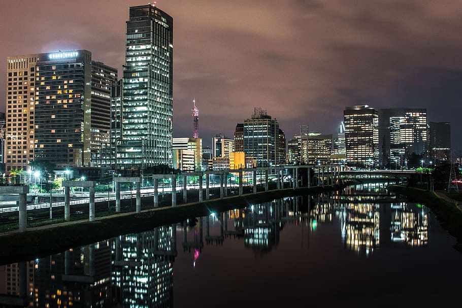 Illuminated City at Night, architecture, bridge, buildings, business HD wallpaper