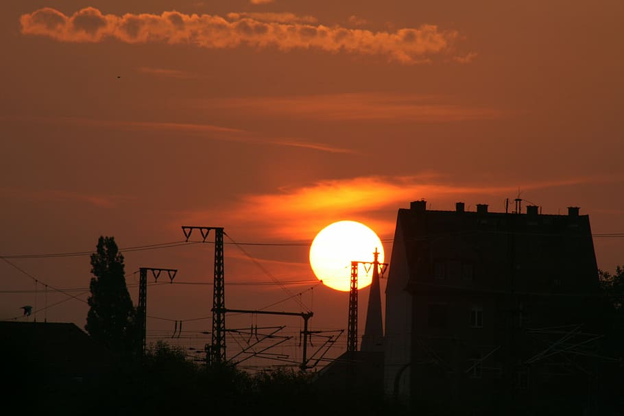 sun, morning, romantic, house, city, industry, sky, sunset HD wallpaper