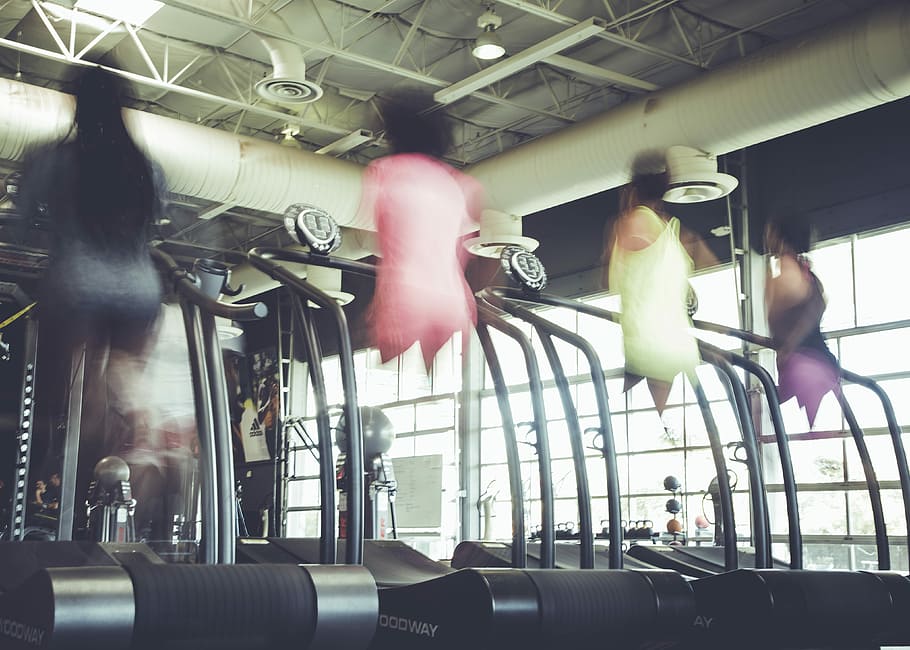 The Girls a Blur, four women on treadmill inside room, gym, machine HD wallpaper