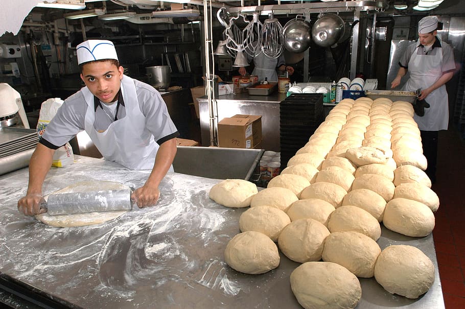 photo of man wearing apron, bakers, baking, bread, cook, food