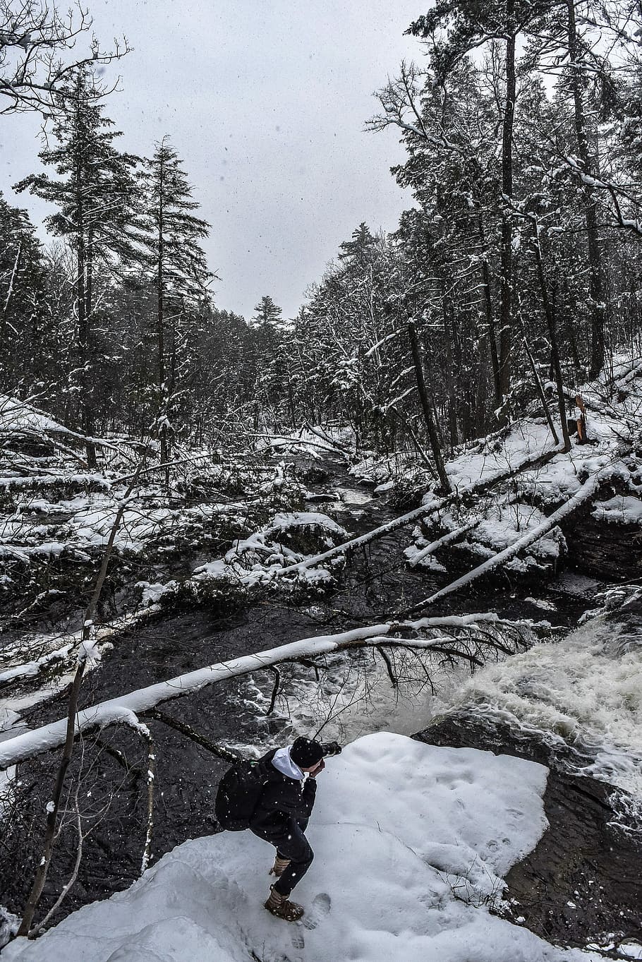 Exploring waterfalls, man standing on snow covered rock near pine trees during daytime HD wallpaper
