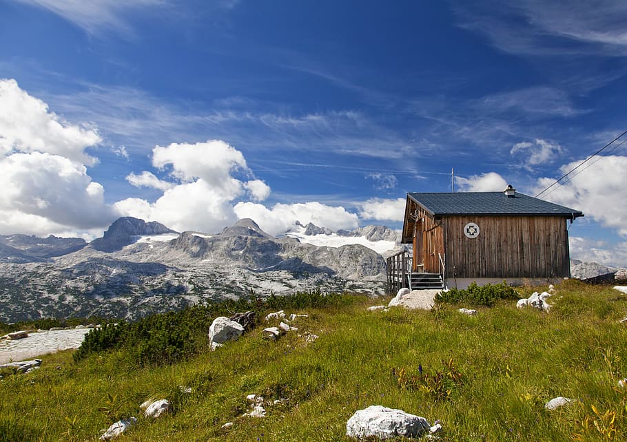 brown wooden house on top of the mountain, dachstein, alm, alpine hut HD wallpaper