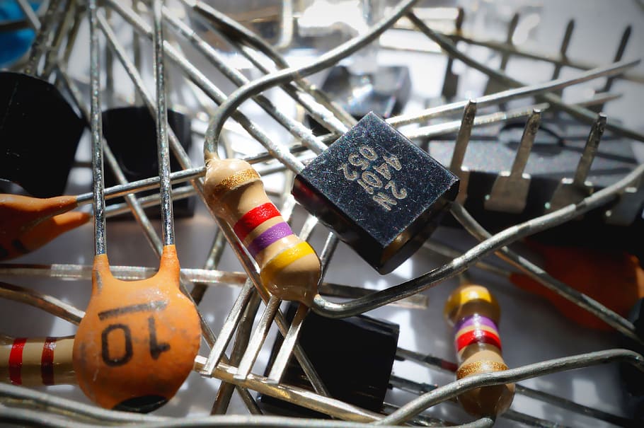 group of transistors and resistors, capacitor, components, electrical components
