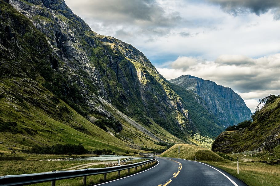 road, landscape, clouds, curve, asphalt, daylight, fjord, highway HD wallpaper