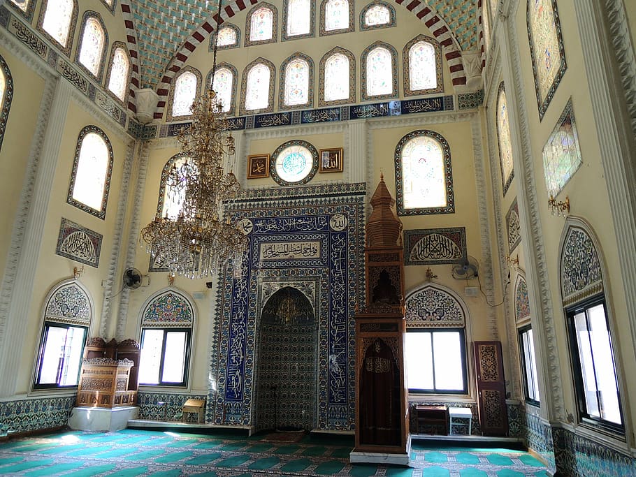 white and blue interior building, turkey, izmir, mosque, blue mosque