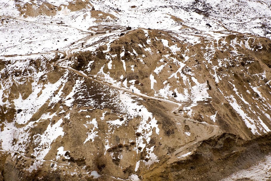 photography of mountain, aerial photo of mountain, path, trekking HD wallpaper
