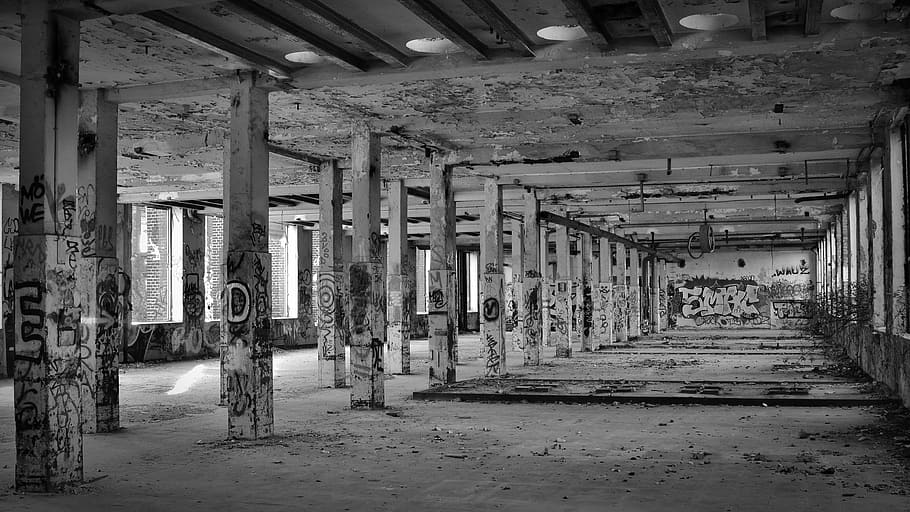 lost places, factory, black white, industrial building, leave
