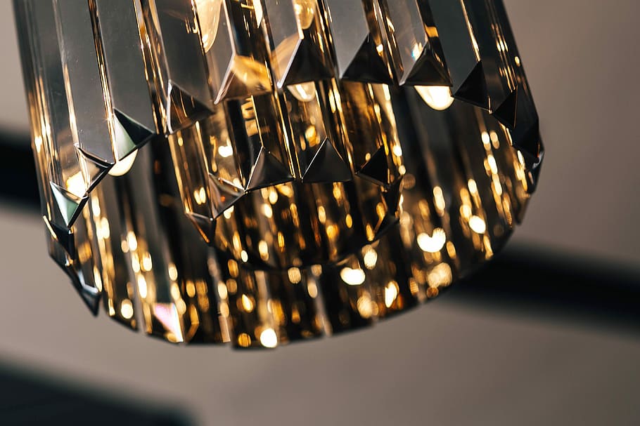 Elegant black designer chandelier with a lit lightbulb, rich, HD wallpaper