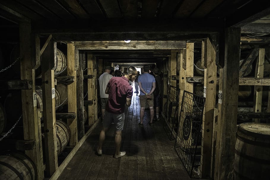 Tourists in Cellar at Maker's Mark, corridor, dark, public domain HD wallpaper