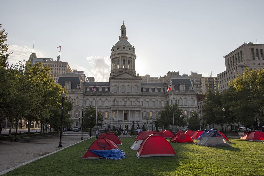 baltimore, city hall, tent city, homeless, lawn, park, urban, HD wallpaper