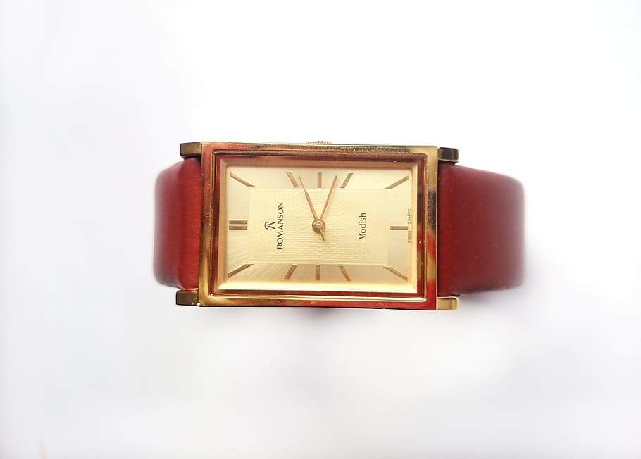 clock, wrist, leather belt, strap, gold dial, white background HD wallpaper