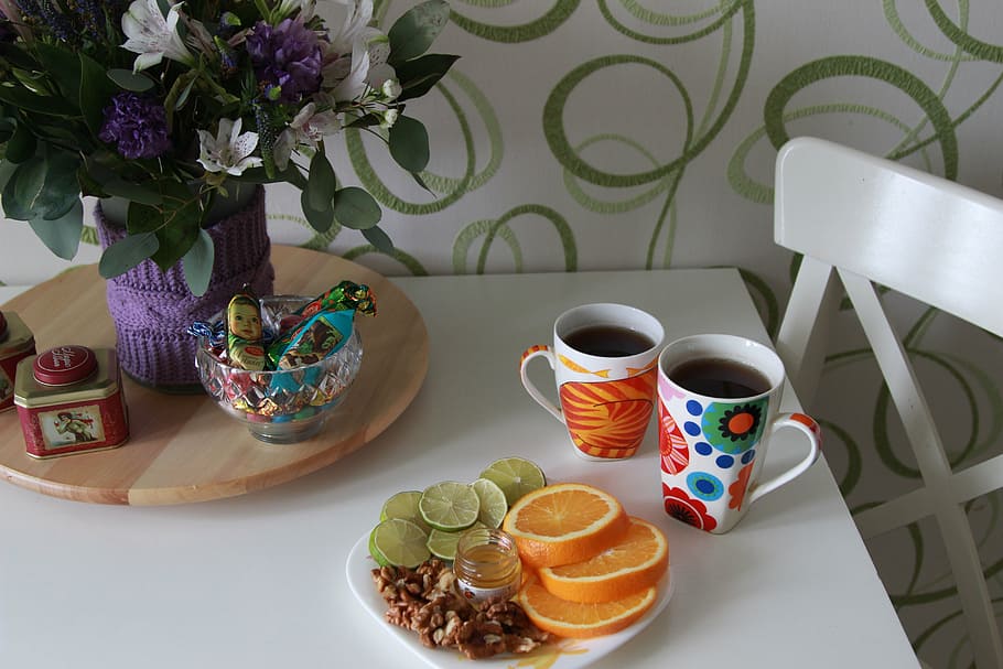 candy, tea time, orange, table, tea cups, morning, breakfast HD wallpaper