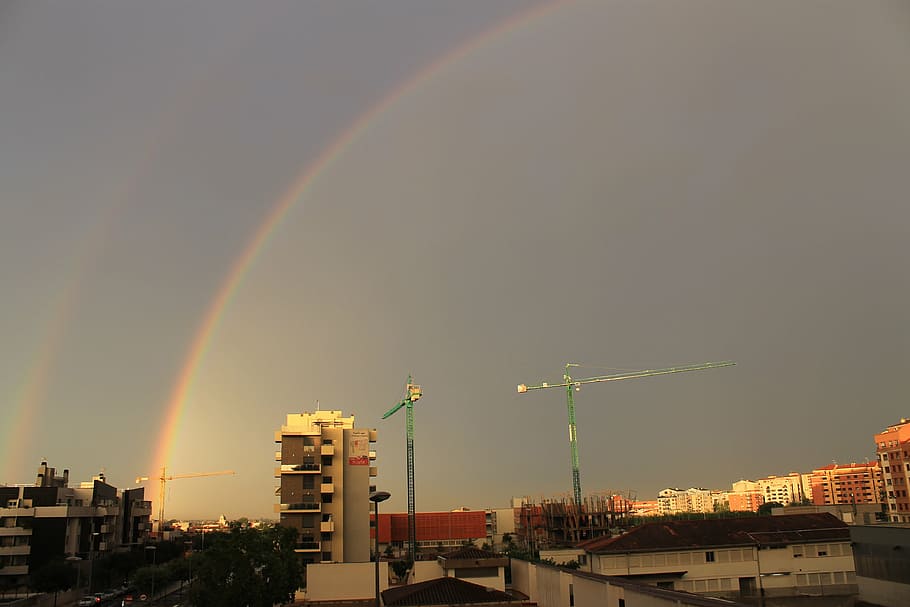 rainbow on sky during golden hour, white, buildings, structure HD wallpaper
