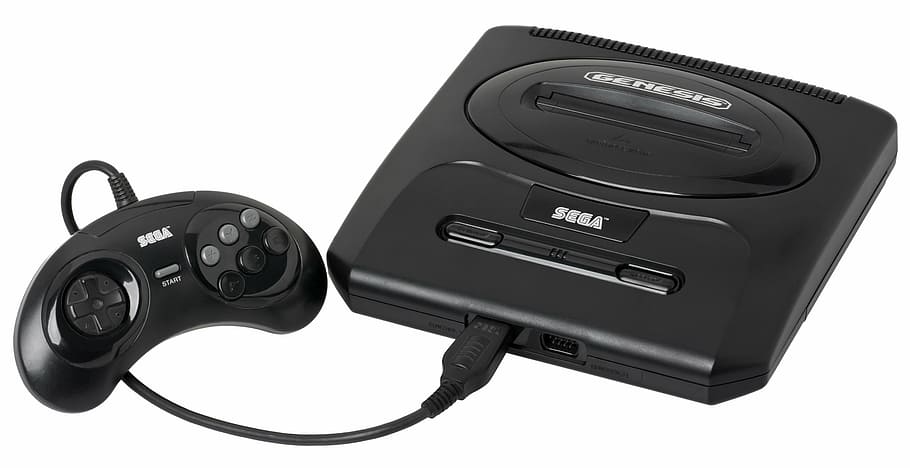 black Sega Genesis with game controller, video game console, play