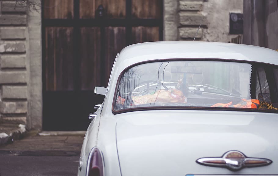 classic car parked near building, retro, window, back, vehicle HD wallpaper