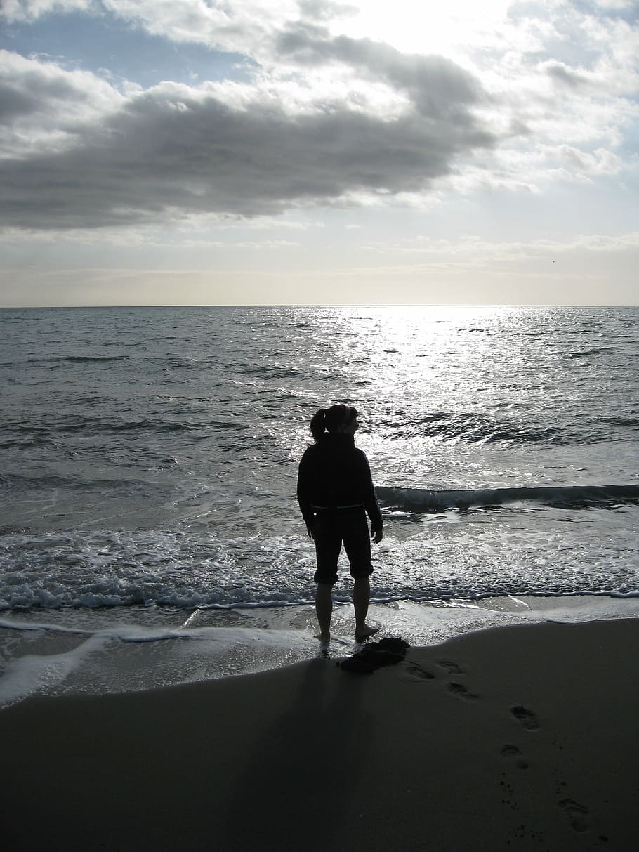 sillhoutte, cloud, sea beach, sky, horizon over water, land HD wallpaper