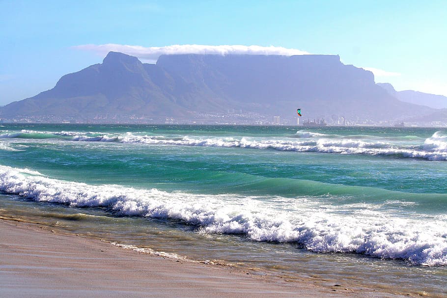 Table Mountain, cape town, sea, beach, south africa, ocean, wave, HD wallpaper