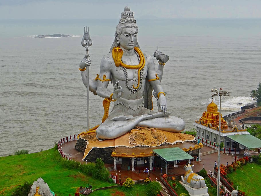 aerial view of Shiva statue, murudeshwar, arabian sea, karnataka
