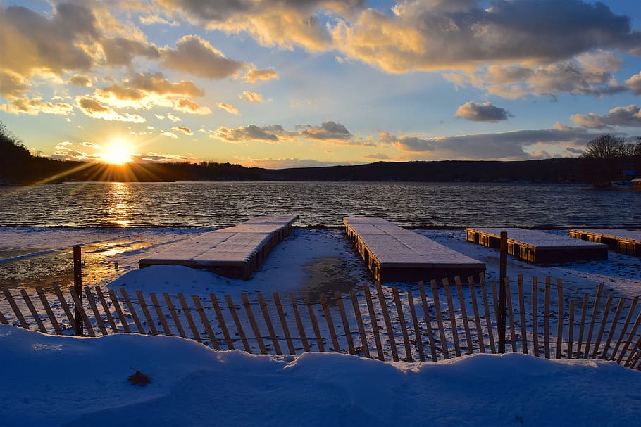 body of water under blue sky during golden hour, lake, sunset HD wallpaper