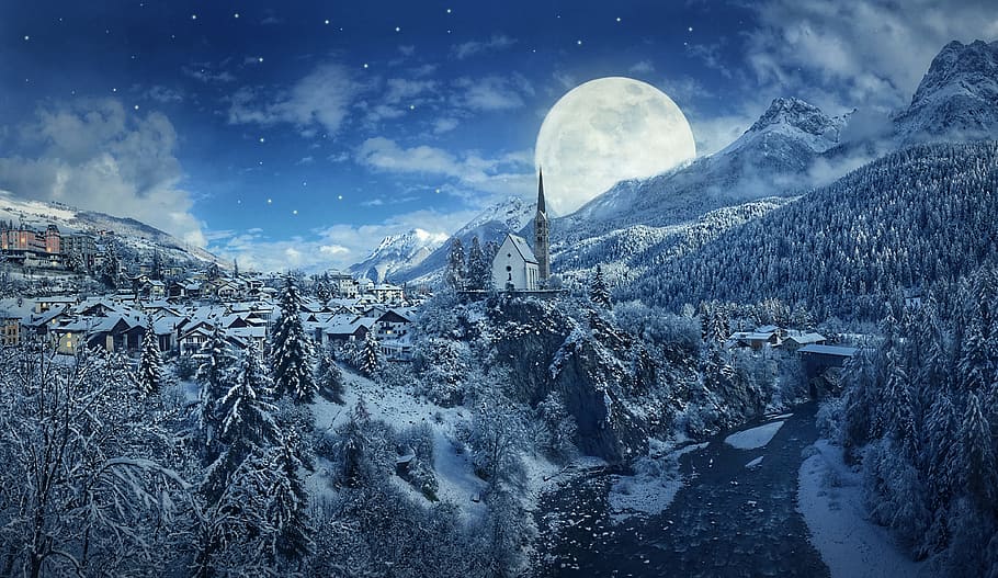 Beautiful Snow Covered Village And Mountains In Blue Sky Background HD Bing  Wallpapers, HD Wallpapers