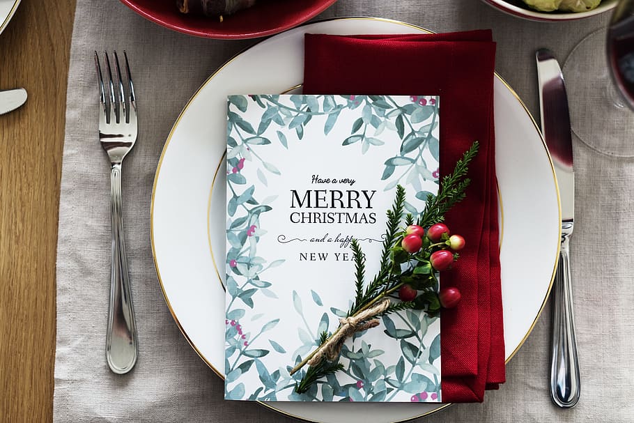 white porcelain plate with silverware on top of table with Christmas card, HD wallpaper