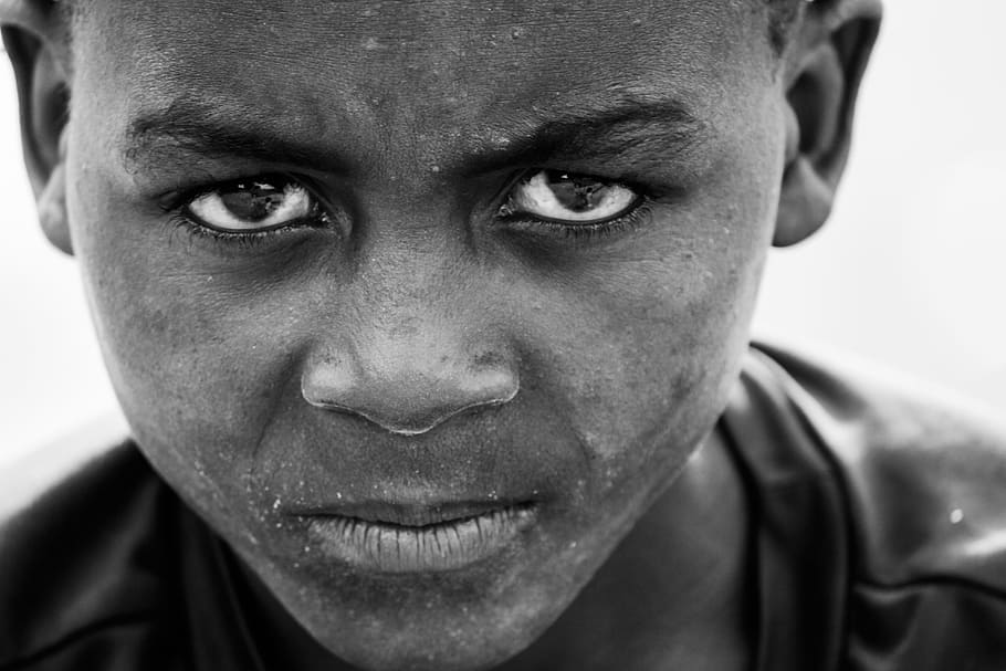 grayscale photography of boy face, african, child, portrait, culture, HD wallpaper