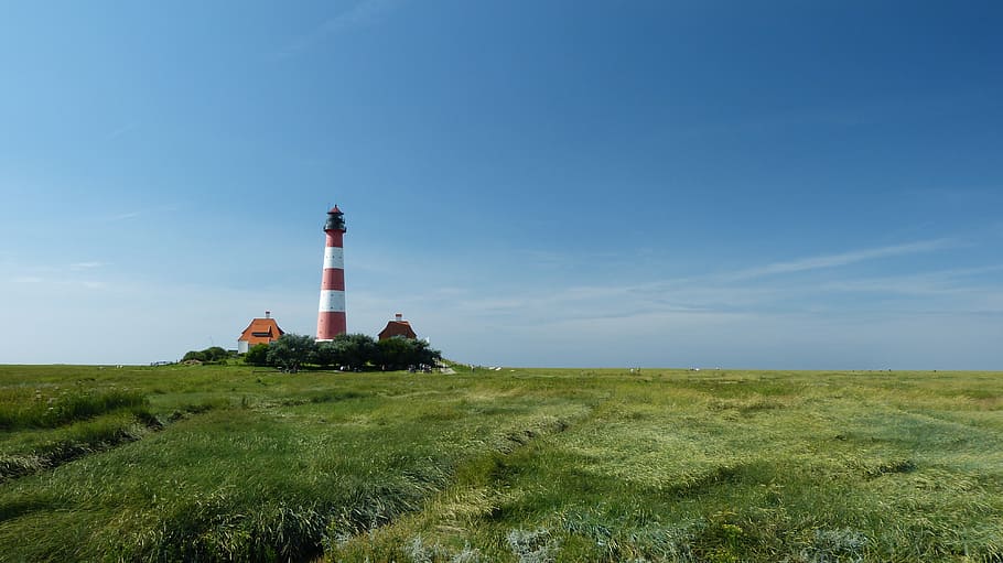 white and red lighthouse under blue sky during daytime, westerhever, HD wallpaper