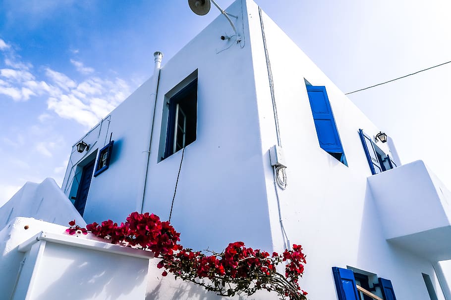 low angle view of white 2-storey house, white concrete house under clear blue sky HD wallpaper