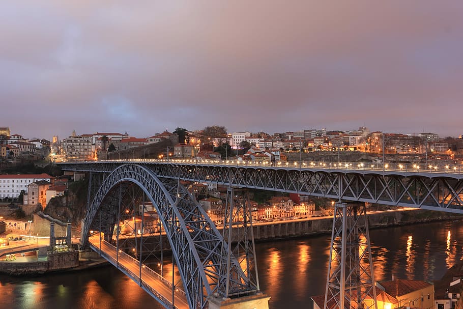 Bridge and cityscape in Porto, Portugal, photo, lights, night