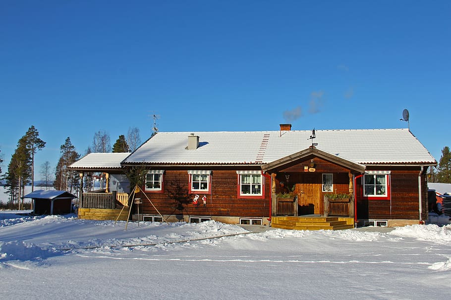 snow, winter, cold, beautiful, red, traditional, wood, cottage HD wallpaper