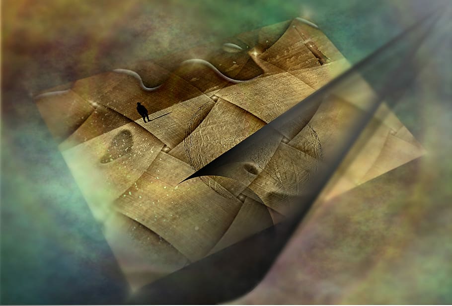 silhouette image of person on beige sand graphic, fantasy, space HD wallpaper