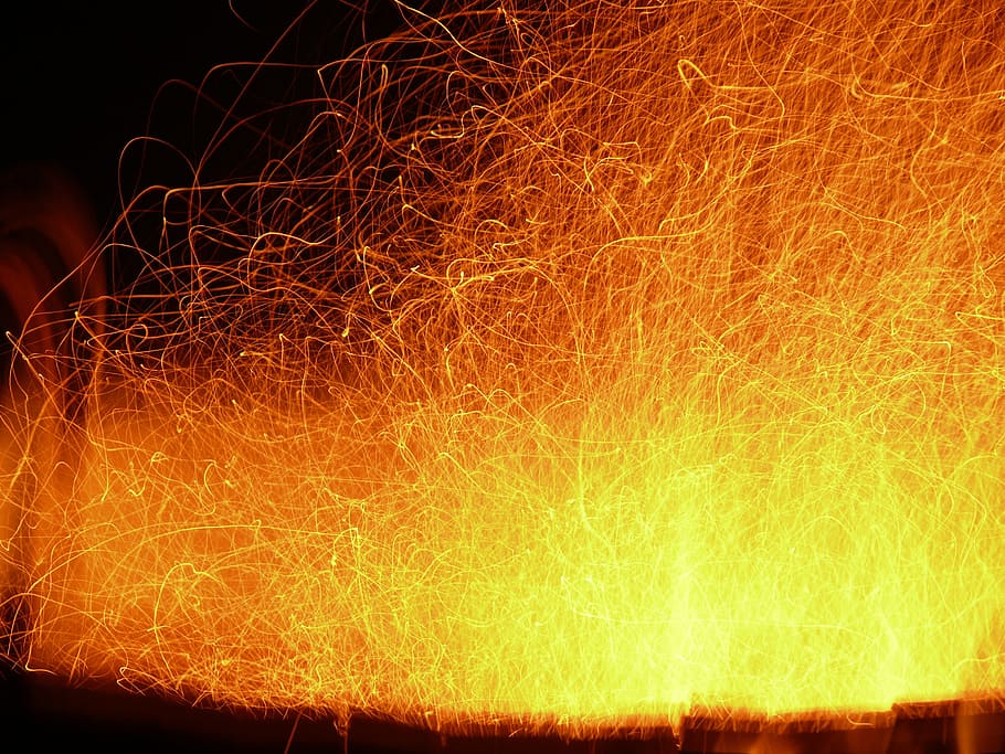 orange flame, sparks, fire, camp fire, flames, night, heat HD wallpaper