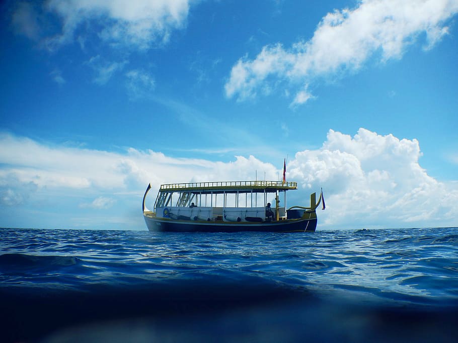 white boat on body of water under blue sky, ship, ocean, sea HD wallpaper