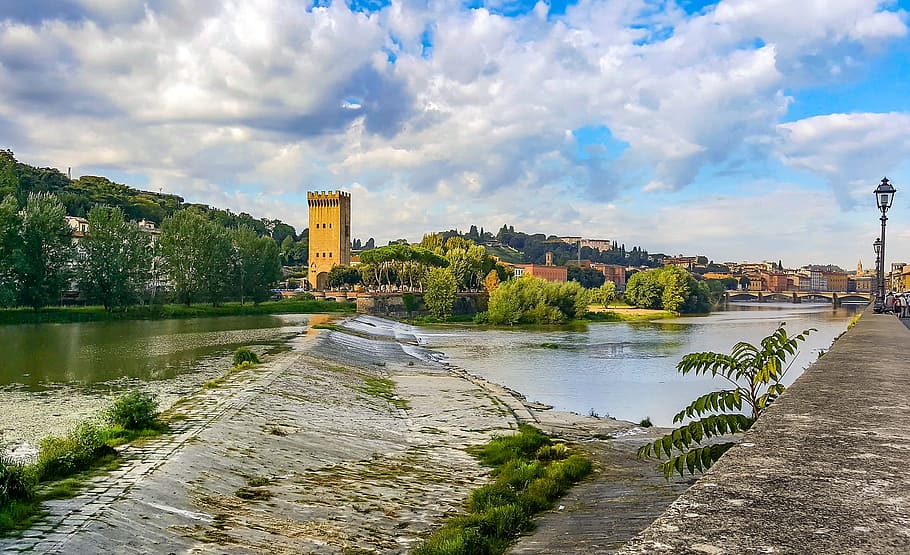 Florence, Arno, Firenze, River, Tower, castle, tuscany, medieval