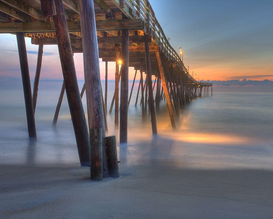closeup photo of brown wooden bridge, jetty, pier, motion, evening HD wallpaper