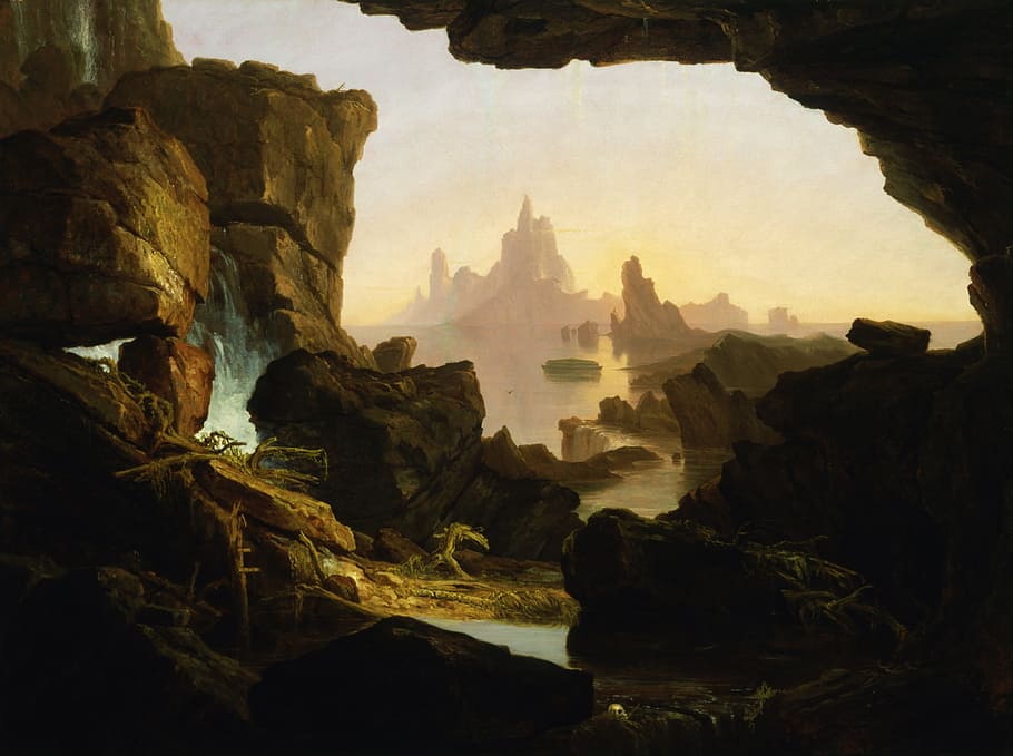brown cliff near water painting, thomas cole, oil on canvas, artistic