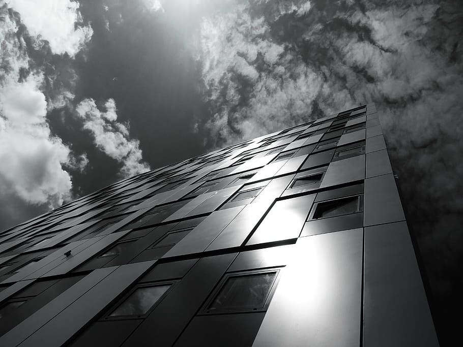 architecture, black and white, building, clouds, construction HD wallpaper