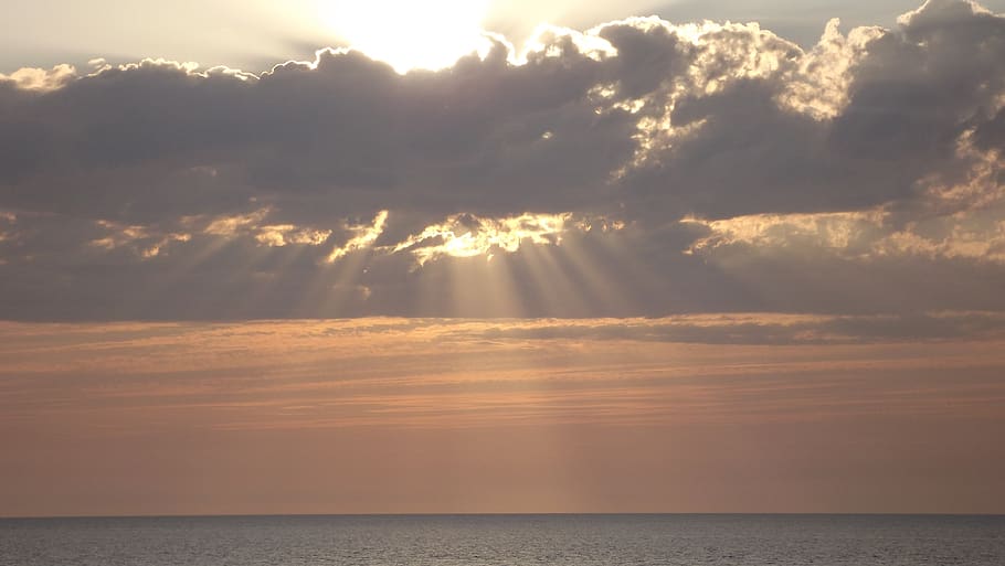 sun, clouds, sunset, evening, sky, sea, horizon over water HD wallpaper