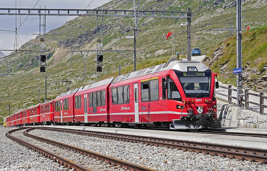 red train, bernina railway, regional train, pass, ospizio bernina, HD wallpaper