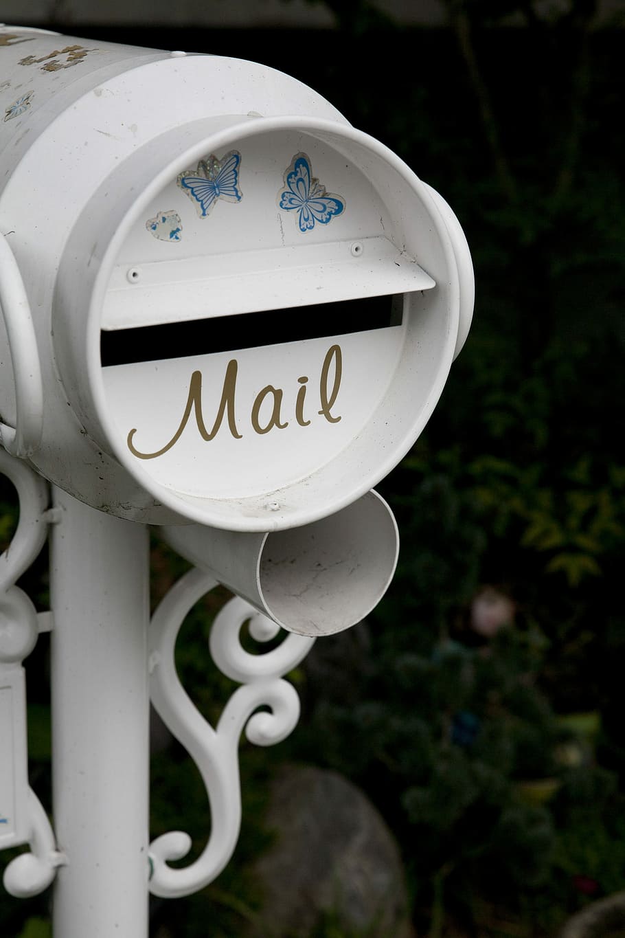 white, blue, and beige butterflies painted metal mail box, Tidings