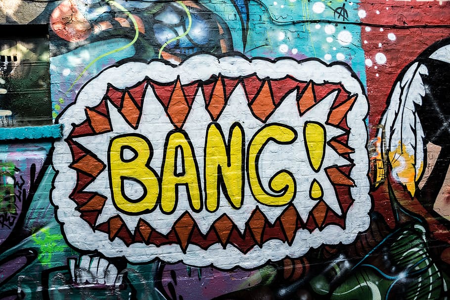 Bang wall art, graffiti, building, murals, industry, crash HD wallpaper