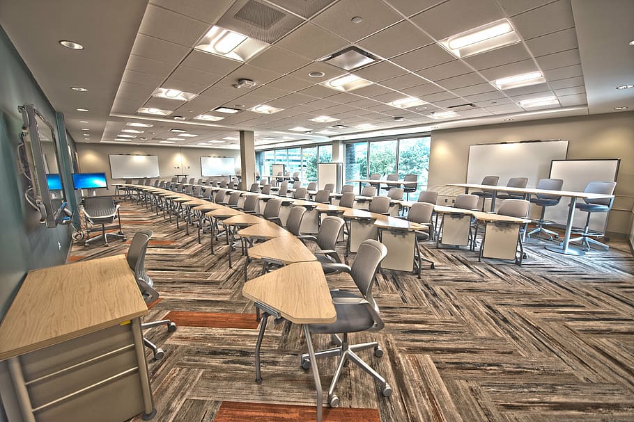 gray writing chairs inside lighted room, lecture, lecture hall HD wallpaper