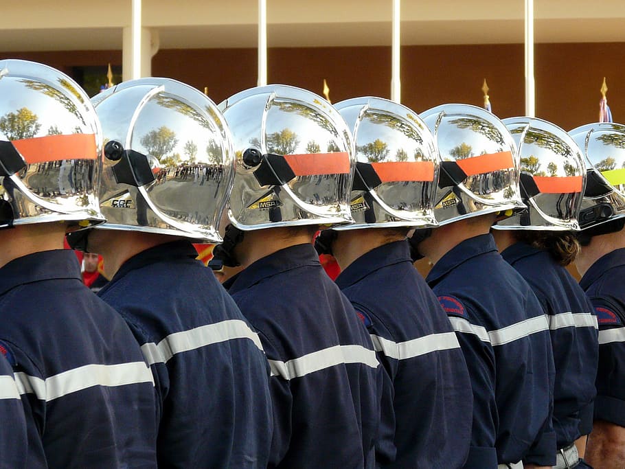 seven person wearing gray helmets, firefighter, in a row, real people HD wallpaper
