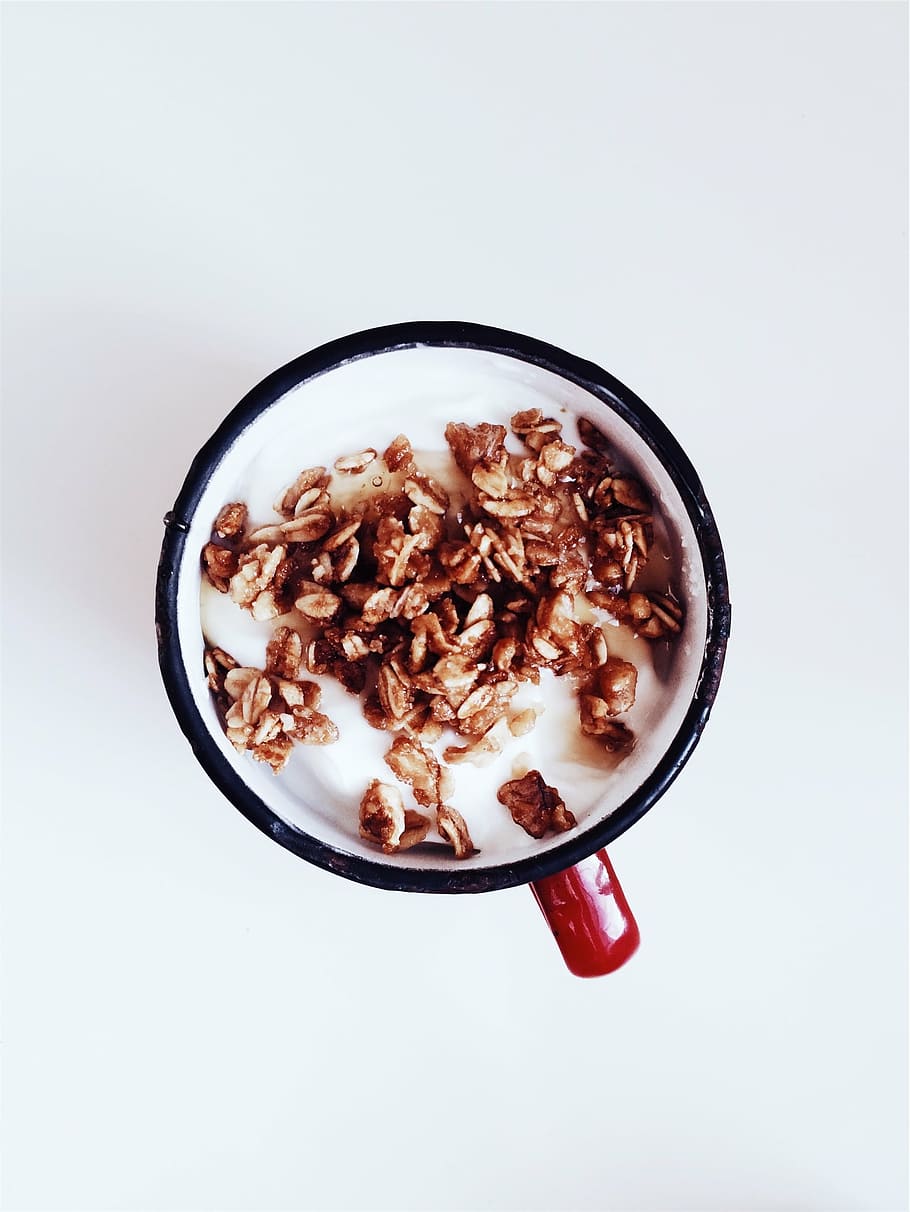 granola, milk, breakfast, cup, mug, food, food and drink, bowl, HD wallpaper