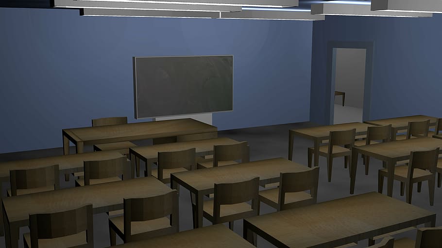 room with tables and chair illustration, class room, school HD wallpaper