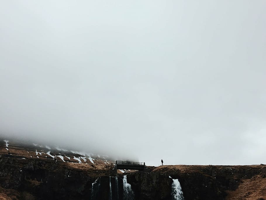 person standing near bridge, mountain, rock, formation, man HD wallpaper