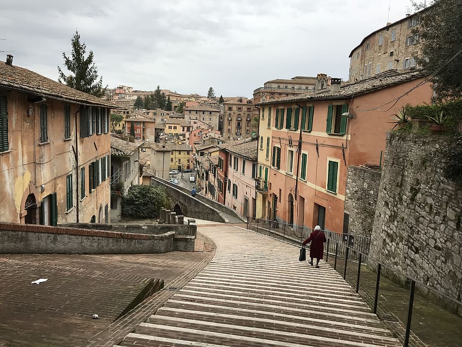 perugia, stairs, umbria, italy, old, path, town, architecture, HD wallpaper