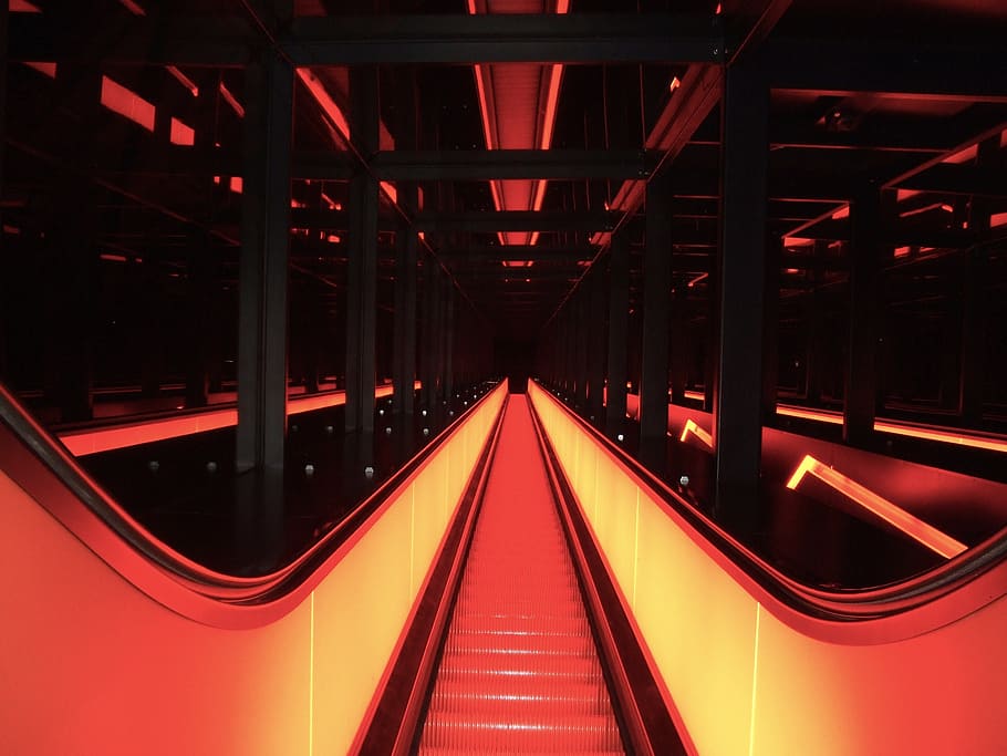 germany, escalator, steps, building, architecture, lights, lighting HD wallpaper