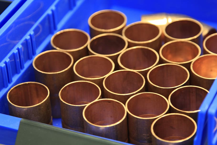 brown cups on blue tray, copper coupler, copper pipe, plumber HD wallpaper