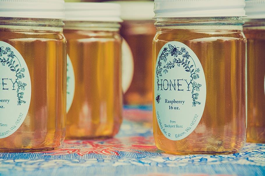 honey raspberry jars, honey bottle lot, label, food, conserve, HD wallpaper